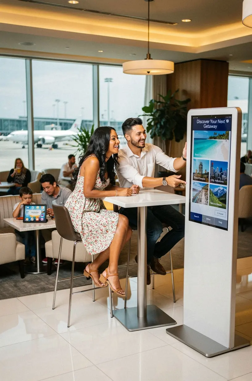 Печать персонализированного маршрута путешествия в киоске консьержа в аэропорту, готового к использованию туристом.