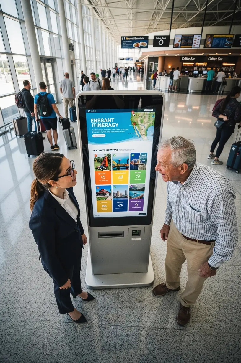 Общий вид современного аэропортового терминала с расположенными киосками для самостоятельного планирования поездок по США.